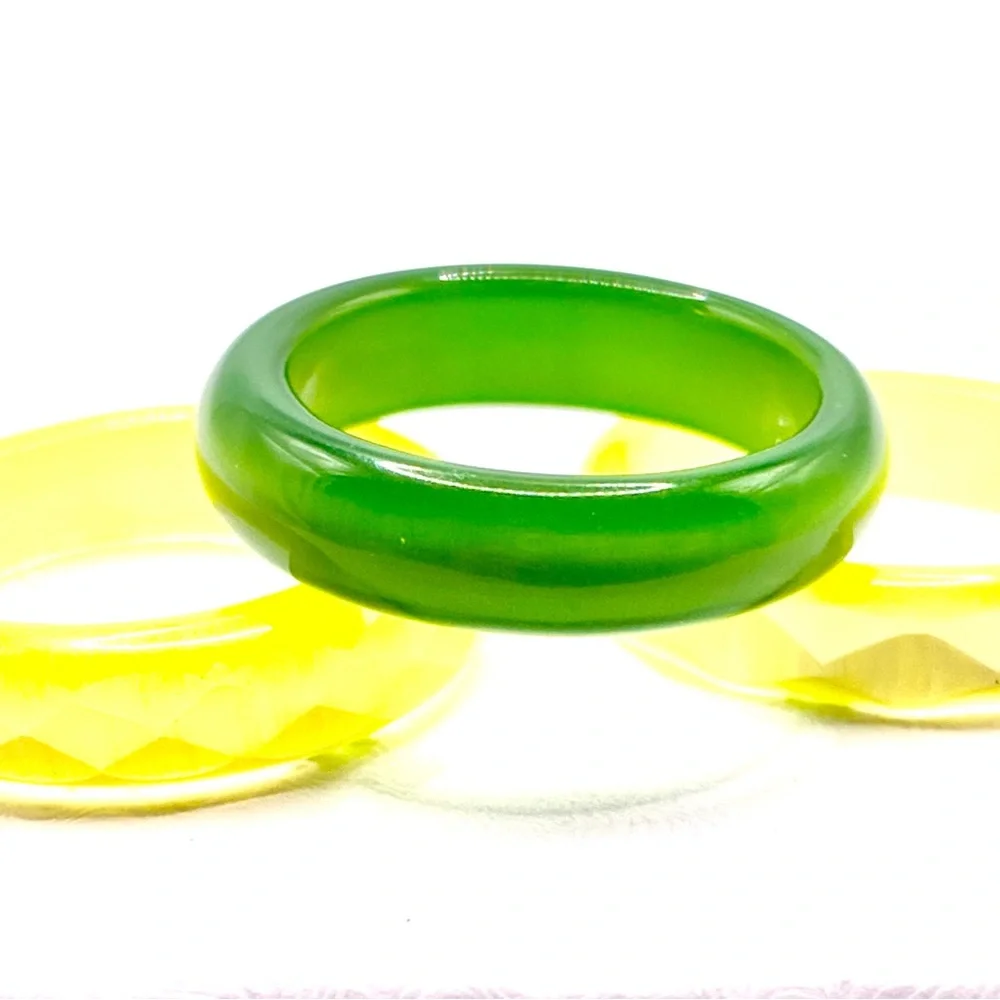 Vintage Set of 3 Lucite Rings, 2 Yellow, 1 Green Sizes 2 x 7.0 & 1 x 7.25